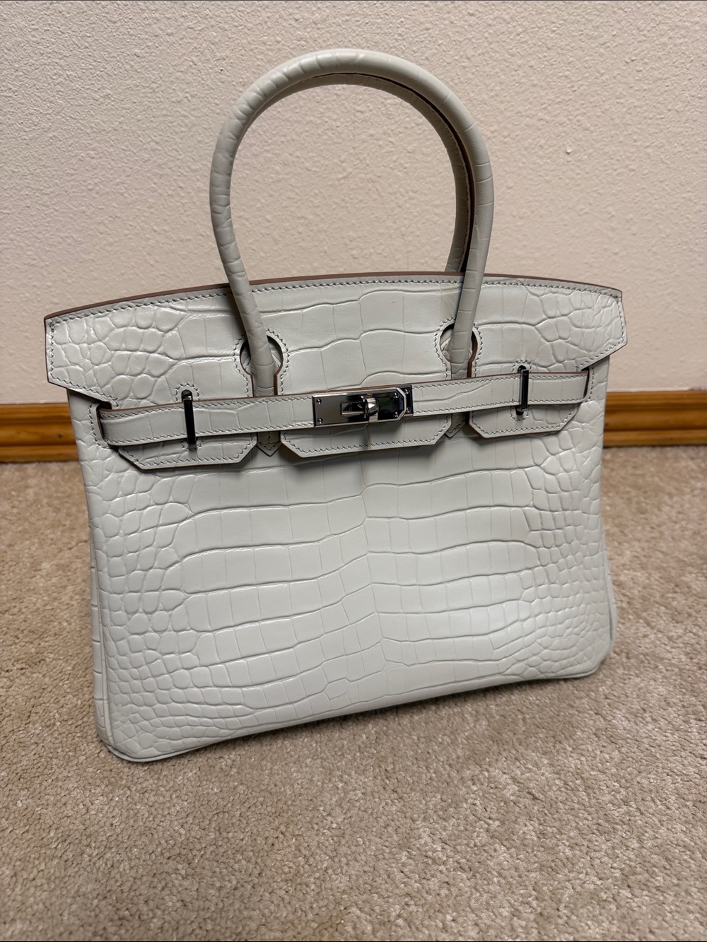 Classic White Croc-Embossed Top-Handle Bag